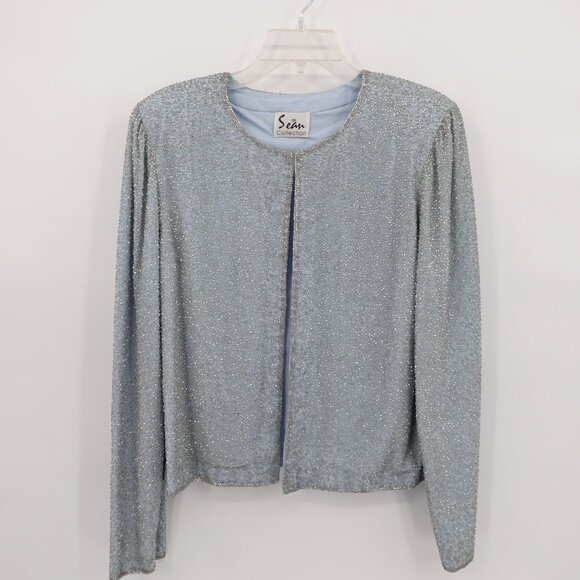 Vintage 100% Silk Beaded Jacket Baby Blue Large - Picture 6 of 11